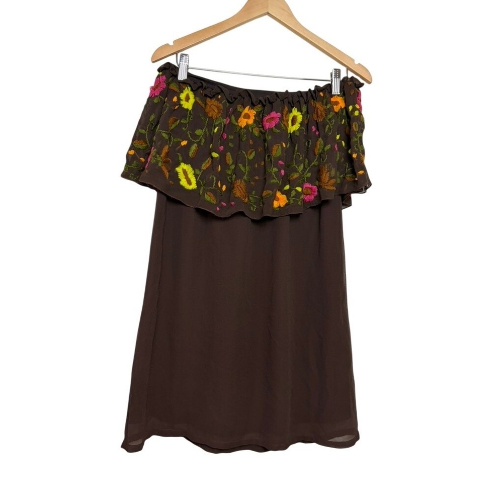 Judith March Brown Floral Embroidered Off The Shoulder Ruffle Mini Dress Medium‎
